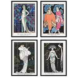 POSTER Set mit 4 Weinleseblauen TonosTönen vom Künstler George Barbier A4 Schwarzer Rahmen