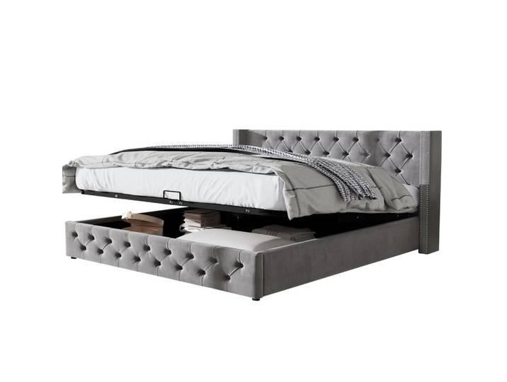 Flieks Polsterbett 160x200 Hydraulik Ohrenform Flanell Grau Stauraum, 160x200 cm, Schlafzimmer, Betten