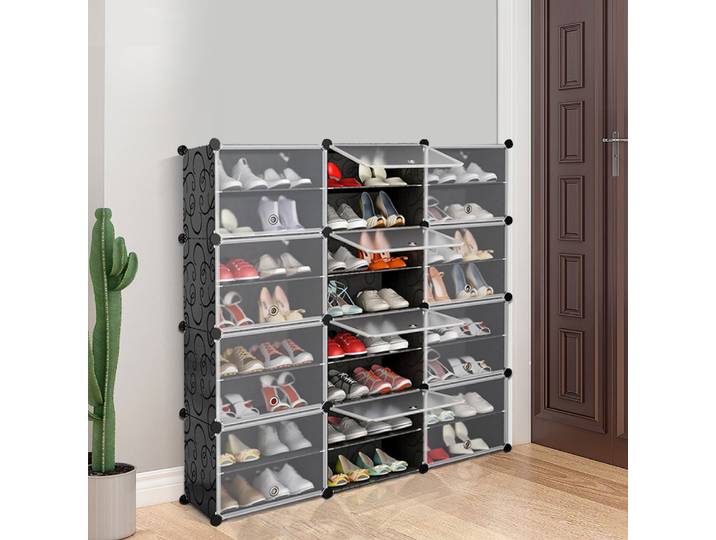 Armoire à Chaussures 12 Portes Meuble à Chaussures Etagère Avec Portes Plastique Modulable DIY HxlxP: 120x120x30 cm Noir