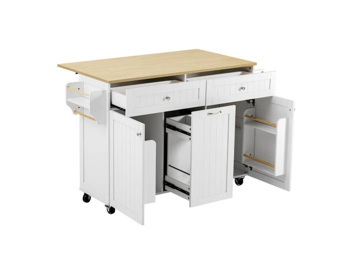 Modfu Kücheninsel aus MDF 140x40-70x92 cm Weiß/Natur mit Rollen & klappbarer Platte, 140x92x70 cm, Küchen, Küchenmöbel, Kücheninseln