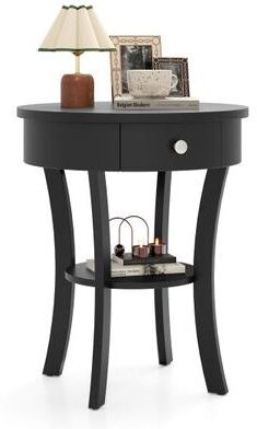 Costway 2-Tier Wood Round End Table with Open Drawer-Black