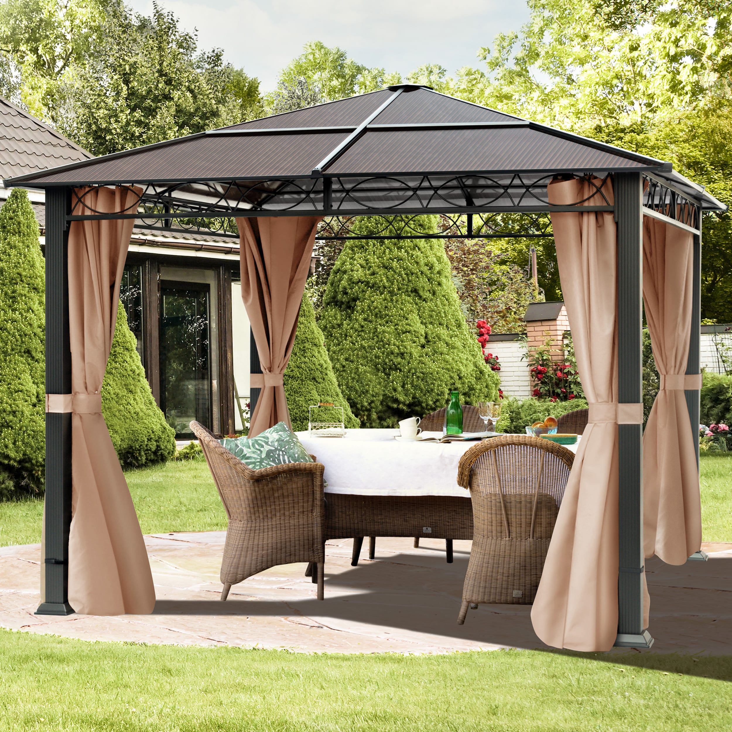 TOOLPORT 3x3m, hardtop havepavillon, inkl. 4 sidegardiner, cappuccino - (300117)