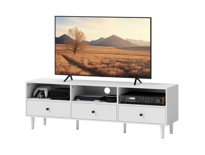 Meuble TV blanc 140 cm avec 3 tiroirs 3 compartiments ouverts et passe-cables
