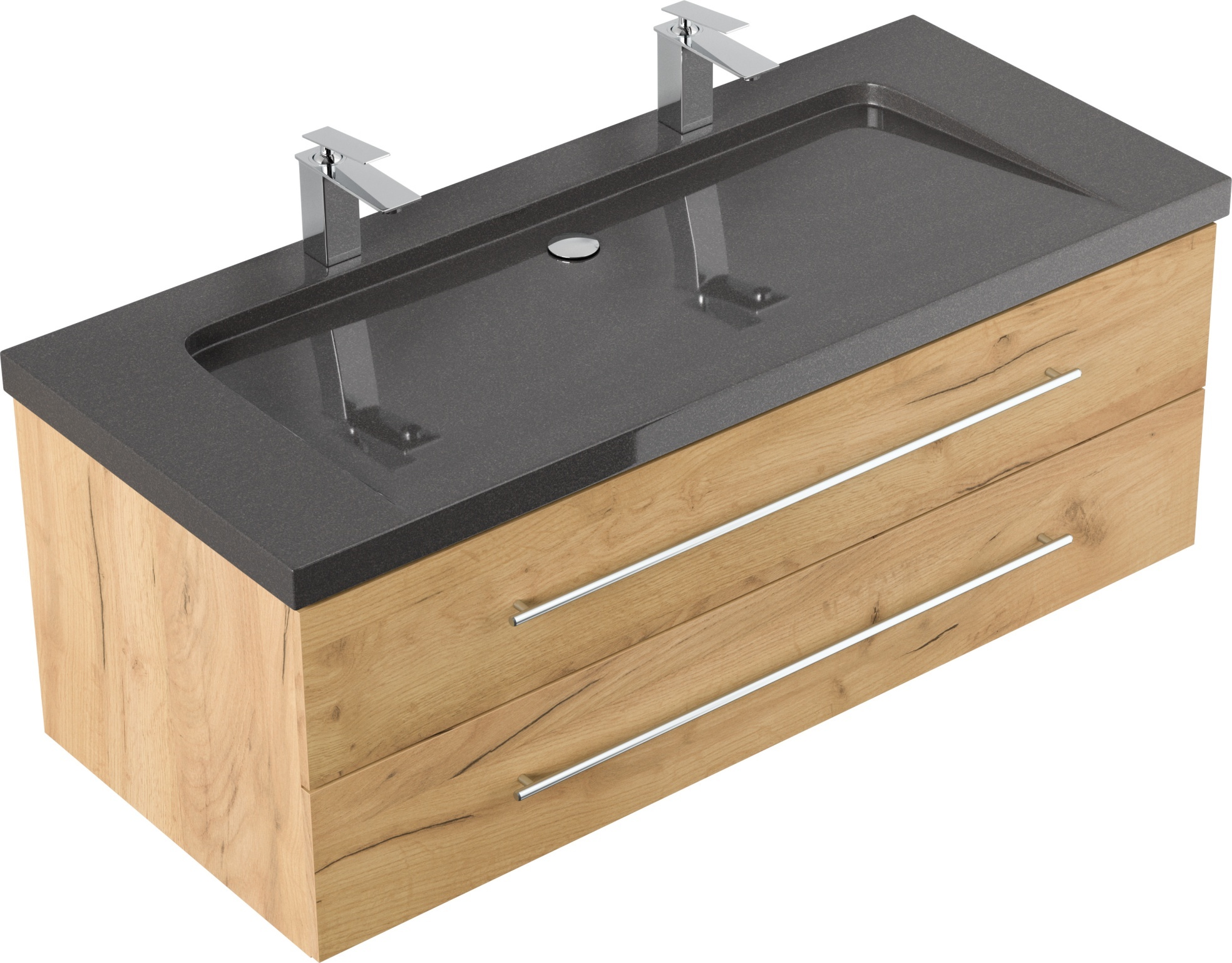 Badmöbel Granit India Black Damo 130 cm 2 Hahnlöcher SoftClose eiche gold : Eiche Gold Varianten: Eiche Gold