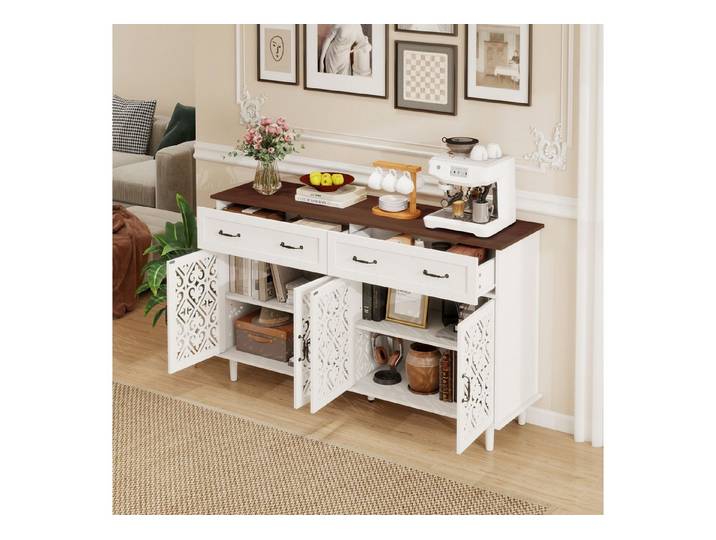 REDOM Sideboard mit 4 Türen, 2 Schubladen und geschnitztem Lochdesign (höhenverstellbare Regale, retro-Metallgriffe und stabile Massivholzfüße, Kommode Schrank)