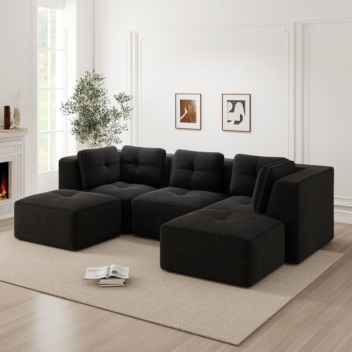 FloraGrace Hoekbank - Modulair 3-Zits met Ottomane - Corduroy - Zwart