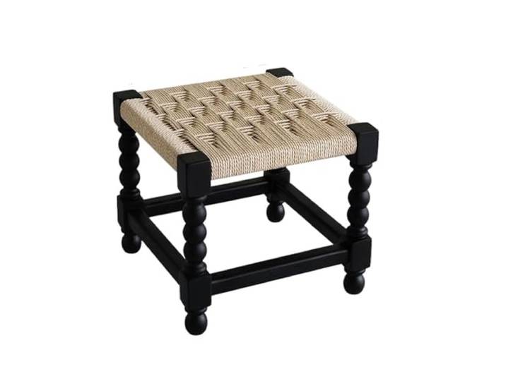 OUTIFUOTPP Schuhwechselhocker aus Holz im französischen Stil, antik, massiv, kreativer geflochtener Seilhocker, Designer, einfacher Wohnzimmer-Veranda-niedriger Hocker(Black A)