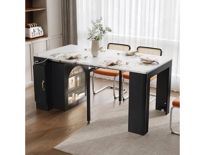 Merax Kücheninsel Freistehend mit ausziehbarer Arbeitsplatte Auf Rollen, Kücheninsel mit Stauraum, LED und Marmormuster, Steckdose, Esstisch, Sideboard, Bartisch für Küche und Esszimmer, Schwarz