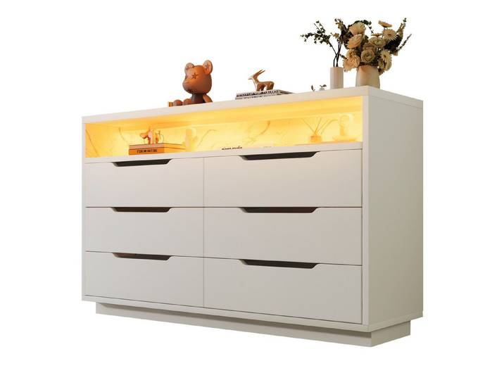Rutaqian Kommode Sideboard, Kommode mit LED-Beleuchtung und 6 Schubladen,120x40x85cm, Moderner Schrank für Wohnzimmer und Schlafzimmer
