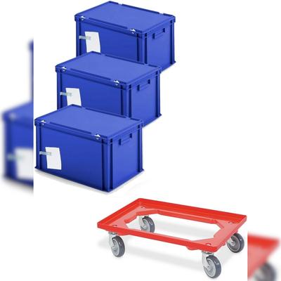 BRB 3x Archivboxen für je 7 Ordner (A4, breiter Rücken), blau, inkl. Transportroller, rot