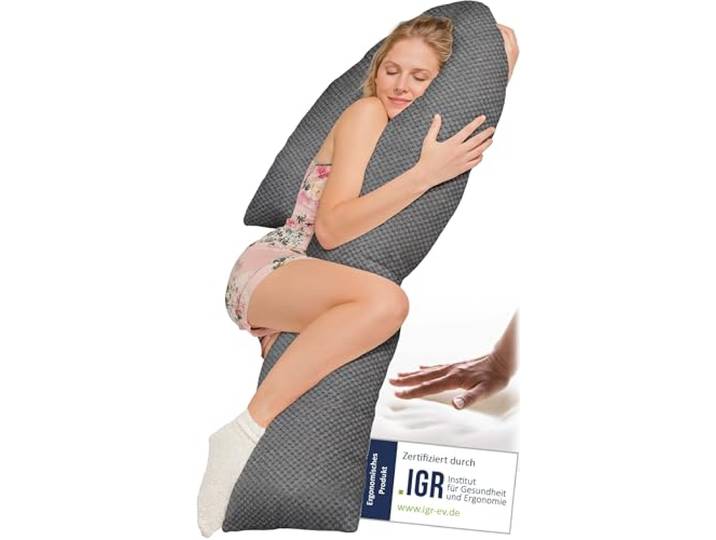 Traumreiter Seitenschläferkissen Visco J-L mit Bezug Deluxe Grau - Hybrid Kissen + 1cm Memory Foam – J Form Schwangerschaftskissen Gel Body Pillow Komfortkissen Ergonomie Zertifiziert