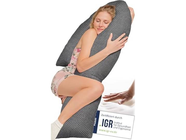 Traumreiter Schwangerschaftskissen Visco in J-Form mit Bezug Deluxe Grau - Hybrid Kissen mit 1cm Memory Foam