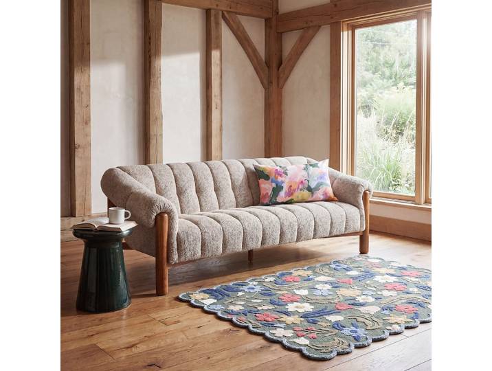 Dreiviertelsitzer-Sofa in gesprenkeltem Beige und massivem Gummibaumholz