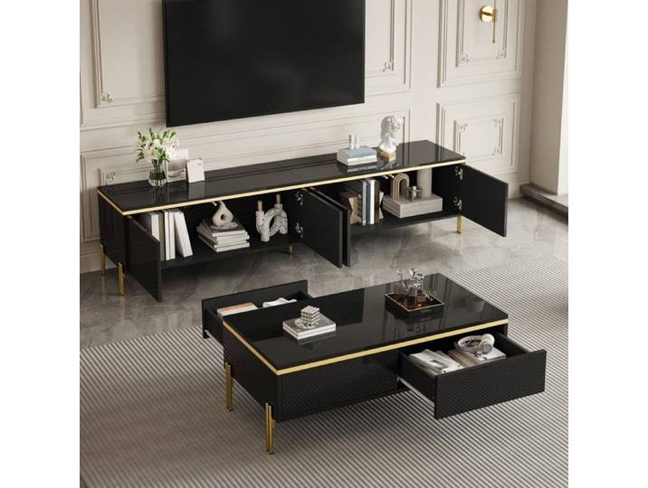 LPOSPI Ensemble meuble tv et table basse - avec 2 tiroirs et espace de rangement pour salon en panneaux de particules noir
