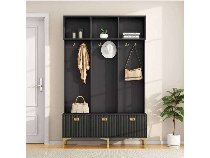 Meuble d'Entrée Porte-Manteau avec Banc Banc de Rangement Multifonctionnel Rangement Ouvert 6 Crochets et Pieds Dorés Noir