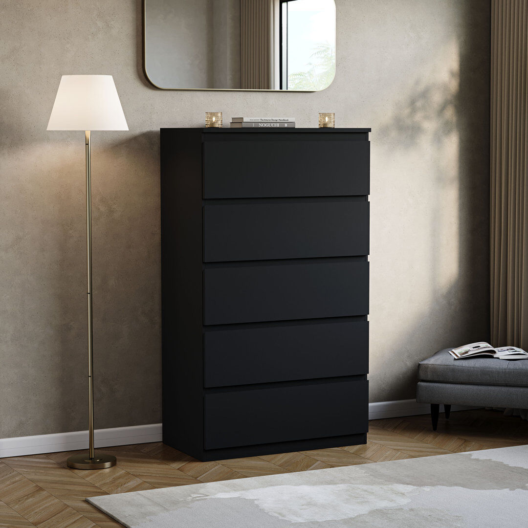 17 Stories Cunha 70 cm W Chest of 5 Drawers Black 117cm H X 70cm W X 40cm D