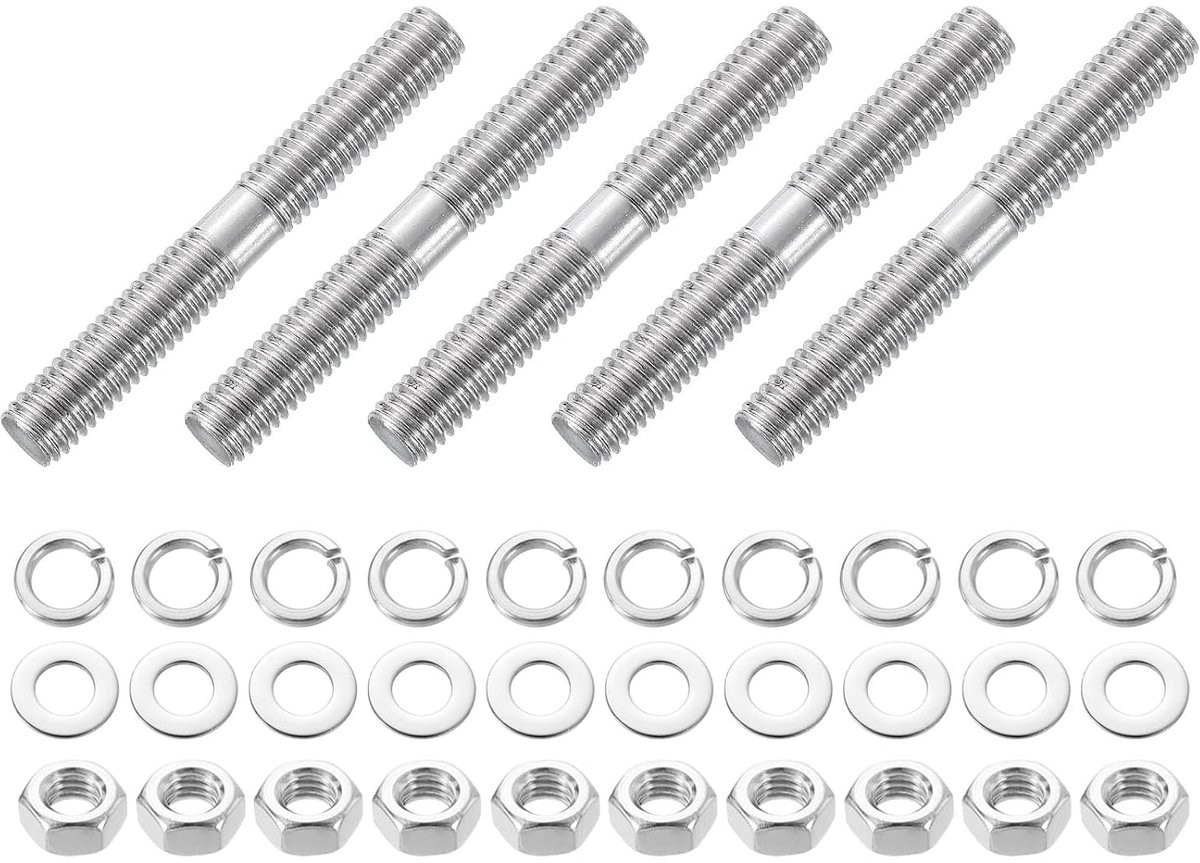 Set van 5 dubbelzijdige schroefdraadstangen M8 x 60 mm van 304 roestvrij staal inclusief moeren en ringen