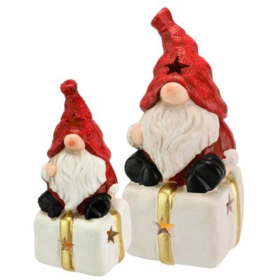 Dekofigur I.GE.A. "Wichtel auf Geschenk", rot (weiß, rot), B:6cm H:13cm, Terrakotta, Dekofiguren, Mit LED 2er Set Weihnachtsdeko Kunstfigur Deko Statue Skulptur