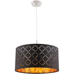 Hängelampe schwarz Esstisch Pendellampe modern Wohnzimmerleuchte, Textil Schirm rund, Metall gold, DxH 40x140 cm