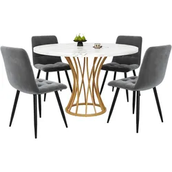 OKWISH Esstisch-Set 80x80x76 cm mit 4 Stühlen, runder Küchentisch mit goldenem Metallgestell, weiße marmorierte Tischplatte, graue Samt-Stühle