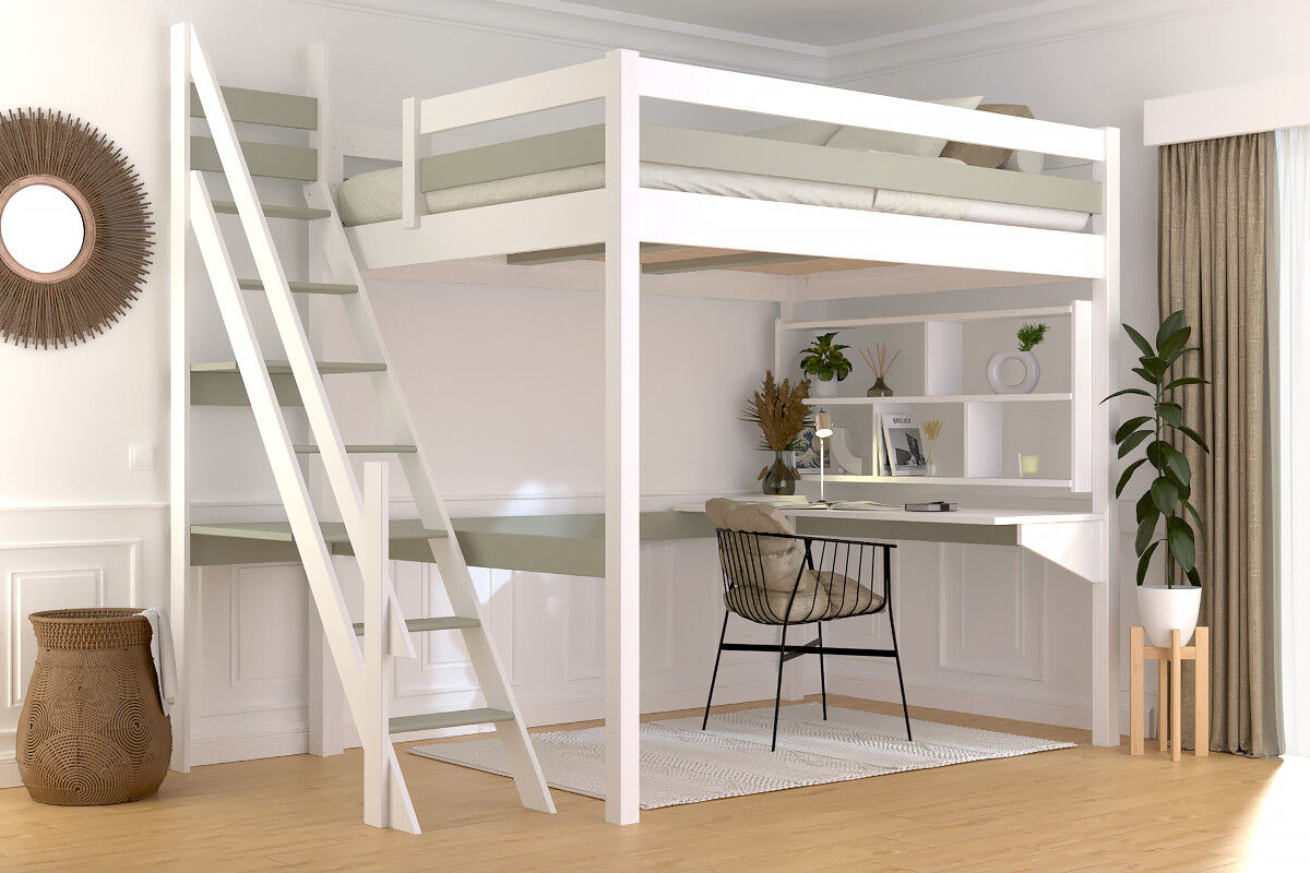 ABC MEUBLES Hochbett 140x200 aus holz Sylvia mit Mülertreppe - Weiß/Mokka