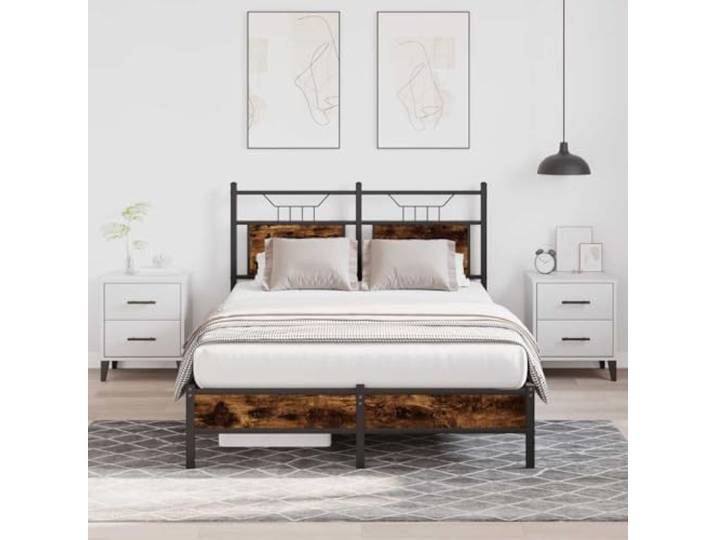 Stabiles Stahlgestell mit Kopfteil und Stauraum 120x190 cm Braun Bettgestell ohne Matratze Räuchereiche 120x190 cm Holzwerkstoff mit Kopfteil und Stauraum Metallbett Lattenrost