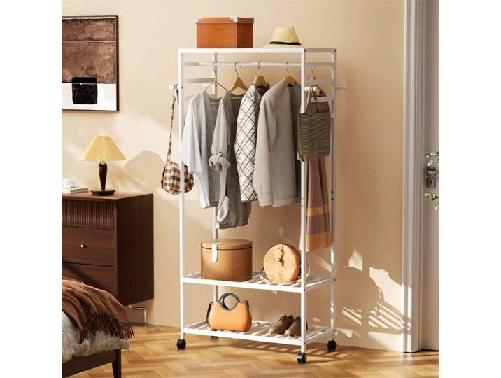 Porte-manteau Bois - Porte-Manteau à Roulettes avec Étagère de Rangement - 78.5x40x168.5cm - Blanc