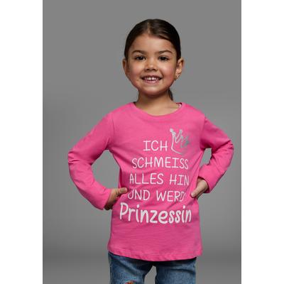 Langarmshirt KIDSWORLD "Ich schmeiss alles hin und werd´ Prinzessin", Mädchen, Gr. 104/110, pink, Jersey, Obermaterial: 100% Baumwolle, bedruckt, Basic hüftlang, Rundhals, abgesteppte Kante, Shirts Langarmshirt, Sprücheshirt, langärmlig,...