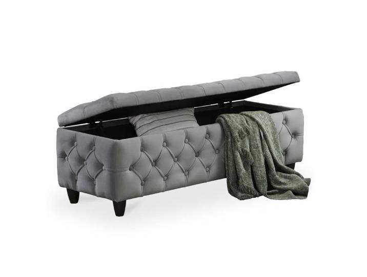 CASTRIA - Banquette coffre capitonné en velours gris foncé