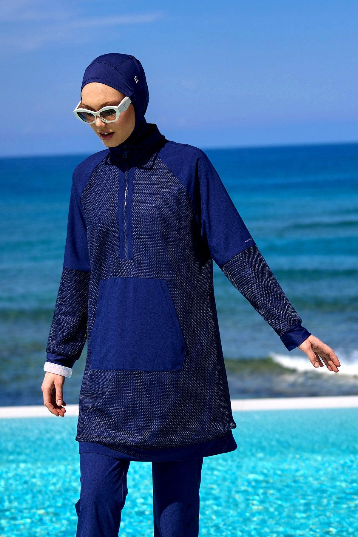 Marineblauwe, bescheiden badmode Burkini-set met volledige dekking