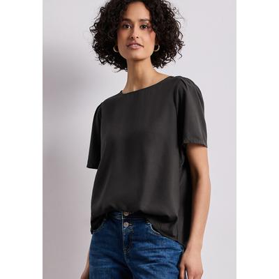Kurzarmbluse STREET ONE, Damen, Gr. 34, grau (espresso braun), Stoff, 100% Viskose, unifarben, klassisch normal, Rundhals, abgesteppt, Blusen, mit Raffungen an den Ärmeln
