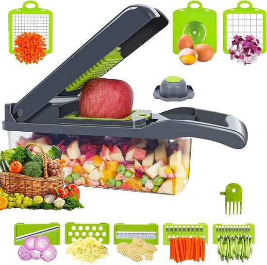 Multifunctionele 14-in-1 groentesnijder en mandoline met diverse messen en opvangbak, multicolor