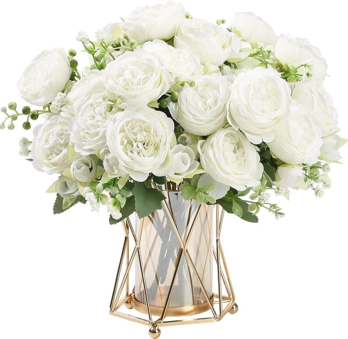 Set van 4 bundels kunstmatige witte pioenrozen van zijde voor bruiloftstafeldecoratie en huisdecoratie