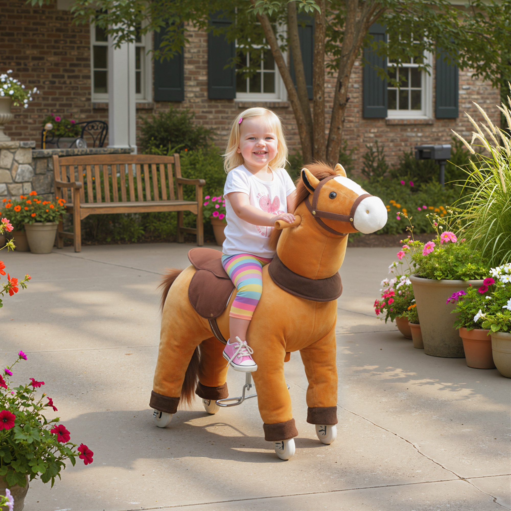 Aiyaplay Cavallo da cavalcare per bambini, rivestimento in tessuto, telaio stabile, ruote morbide, 3-5 anni, Marrone scuro   Aosom Italy