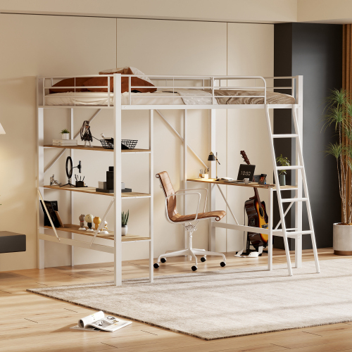 AIORBER Etagenbett, 90x200cm,aus Stahl&MDF, mit Tisch,3 großen Regalen,Treppen&Geländern, Hochbett mit Lattenrost,Jugendliche,Kinderzimmerbett, Weiß
