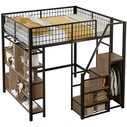 OKWISH Hochbett Metall mit Stauraumtreppe und Regalen, platzsparendes Bett mit Arbeitsbereich unten, robustes Design, 140x200 cm, Schwarz