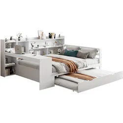 OKWISH Schlafsofa 140×200 Weiß Massivholz mit Ausziehbett Stauraum Regale Bücherfächer USB-Ladestation platzsparend robust multifunktional