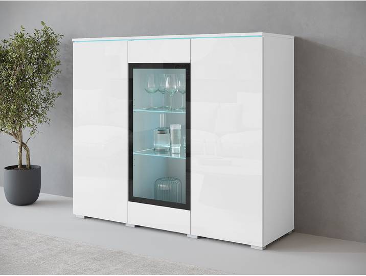 Beleuchtete Kommode 120 x 103 x 40cm Weiß/Hochglanz Weiß