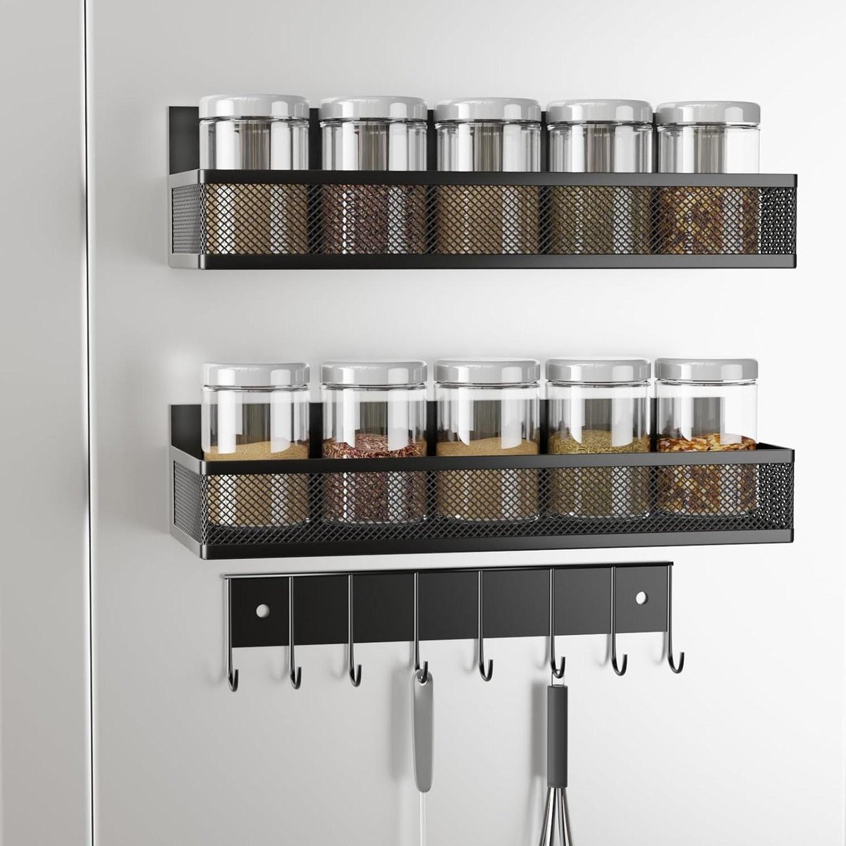 Magnetische kruidenrek organizer met 3 lagen en gebruiksvoorwerpenhouder, zwart
