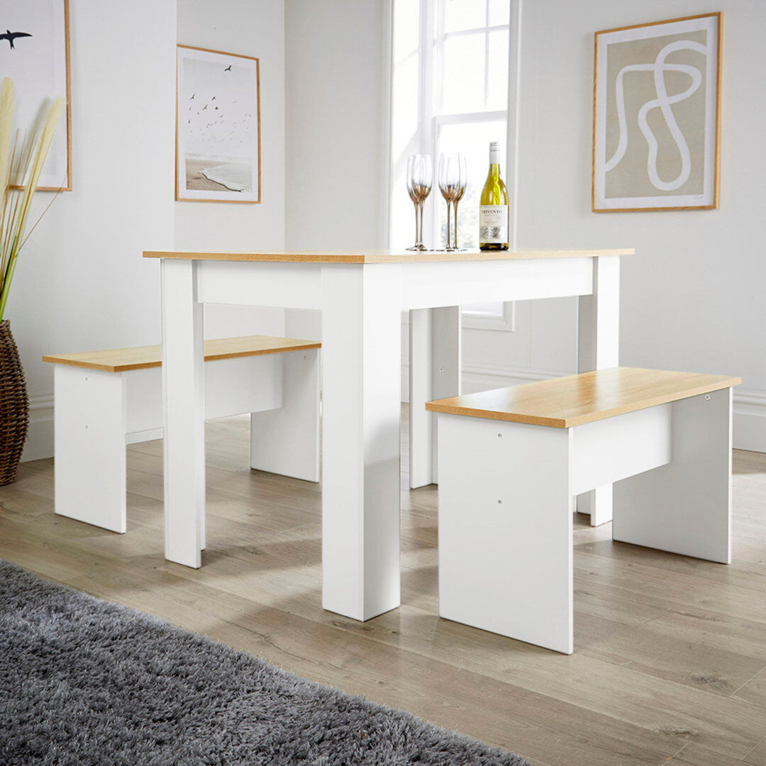 Marlow Home Co. Dining Set Table Benches Wooden Unit Kitchen Furniture Seats 4 Two Tone White 4