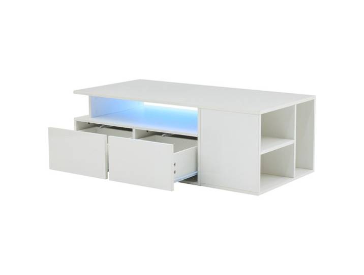 Table basse - HIBA - 100x50x35 cm - Éclairage LED 16M couleurs - 2 tiroirs & 9 rangements - Blanc brillant