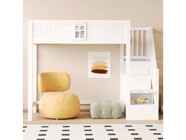 Lit mezzanine - AUTREMENT - 90 x 200 cm - Bois massif - Échelle interchangeable - Blanc
