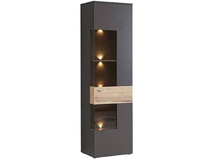 FORTE Como Vitrine mit 1 Glastür, Holzwerkstoff, Uni Wolfram Grau Kombiniert mit Planked Eiche, 60,4 x 203,3 x 41,3 cm