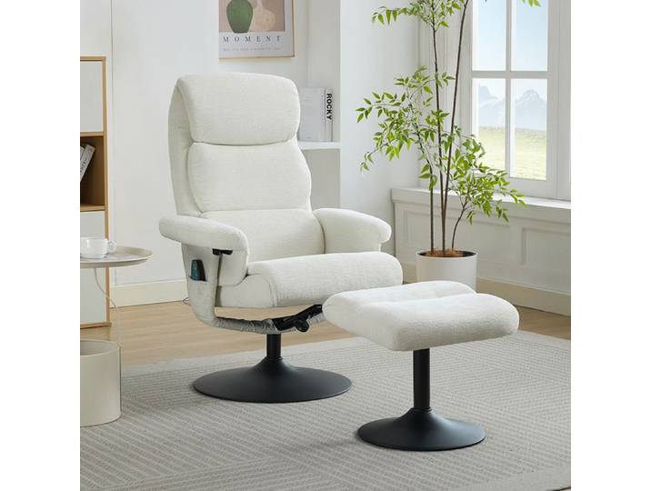 Fauteuil massant Relax 5 points inclinable chauffage pivotant 360° tissu chenille Blanc
