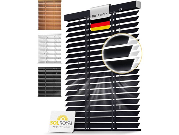 Sol Royal BE5 â€“ Houten Jaloezieen Zwaart 50 mm Lamellen Extra Breed â€“ 105x180 cm â€“ Eenvoudige Montage aan Muur & Plafond â€“ Echt Hout â€“ Rolgordijn Raam & Deur
