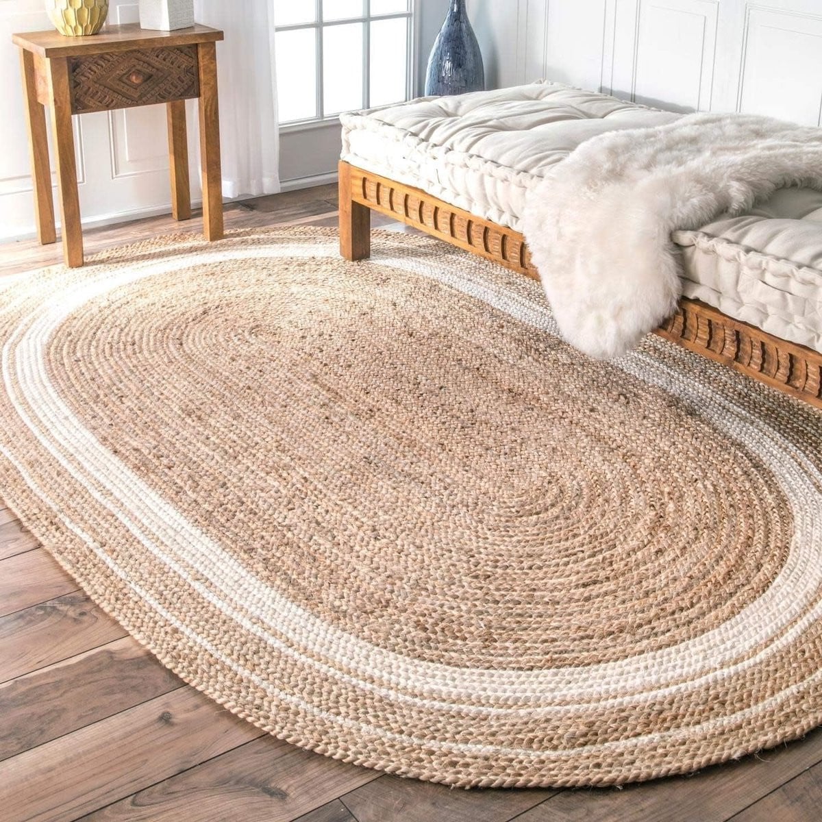 Handgeweven gestreept jute vloerkleed in beige wit, 60 x 120 cm