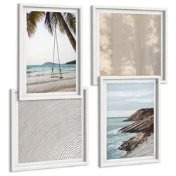 BILDER SET 4er Set - 50x50 cm & 40x60 cm Weißer Rahmen - Sommerlicher Sandstrand mit Meerblick