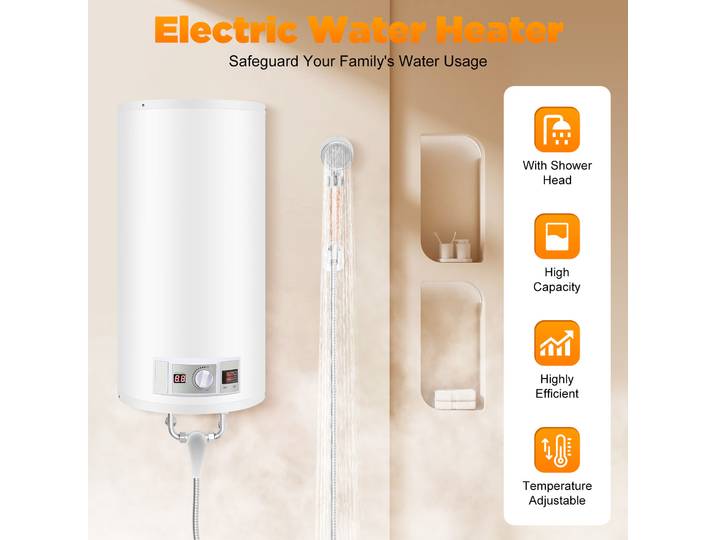 Chauffe-eau électrique 2000W 50L, chauffe-eau instantané, température réglable 25-75°C ℃ Support mural pour douche