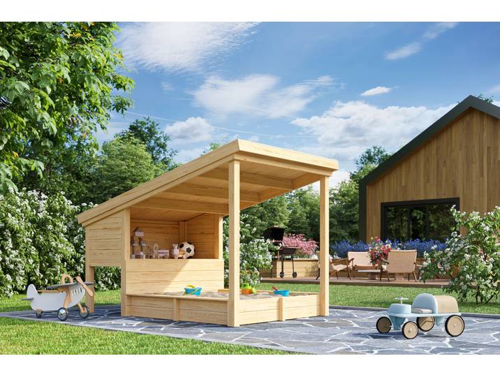 Sandkasten NORDIC HOLZ PIPPI 1 , beige (natur), B:164cm H:178,98cm T:220cm, Massivholz, Sandkästen, Sandkasten, Spielelement mit Überdachung, BxTxH: 164x220x179 cm
