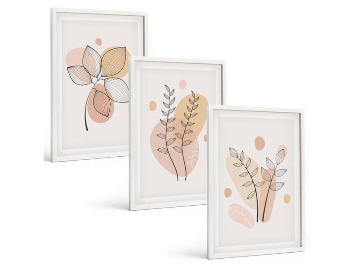 BILDER SET 3er Set - 40x60 cm Weißer Rahmen - Pastellfarbene Pflanzenzeichnungen